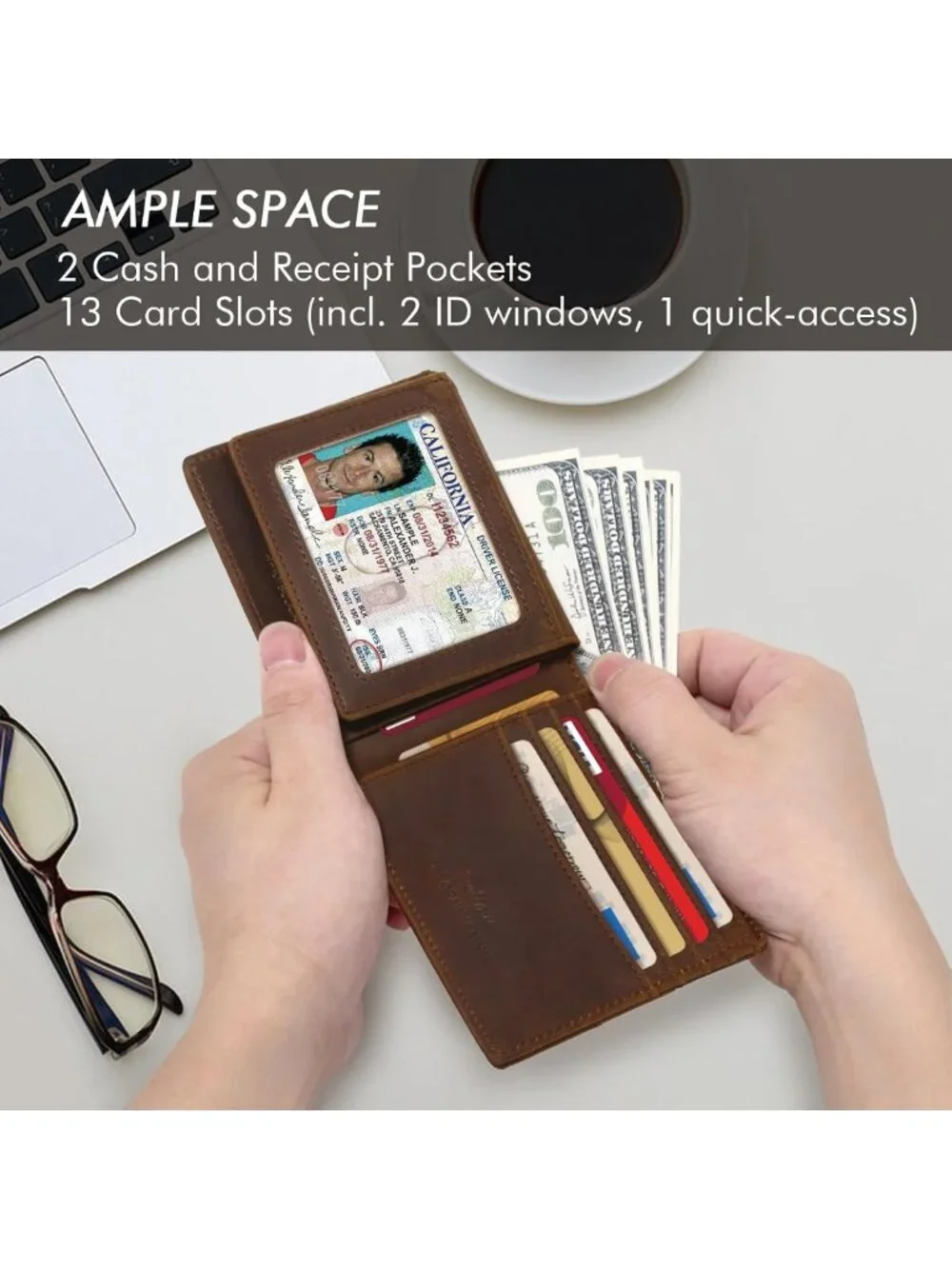 RFID Blocking Bifold Wallet for Men, Full Grain Leather, 13 Card Slots, 2 ID